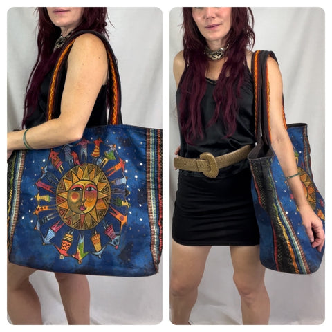 Laurel Burch Sun Celestial XL Shoulder Tote Bag Aztec Wearable Art Y2K Beach Bag