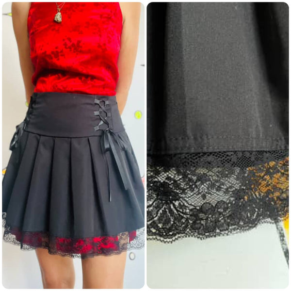 Vintage 90s Y2K Black Pleated Goth Fairy Coquette Babydoll Mini Skirt w Lace | S
