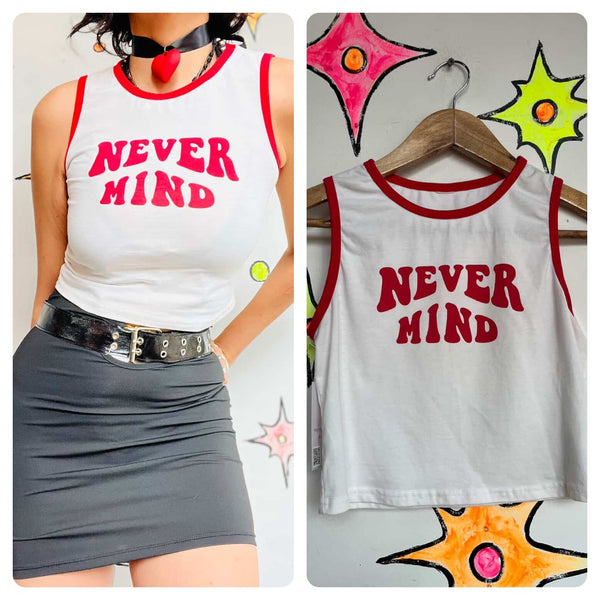 Y2K "Nevermind" White Sleeveless Retro Ringer Baby Tee – XS Crop Tank Top