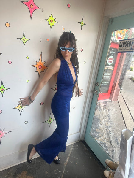 Blue Metallic Glitter Disco Halter Jumpsuit Glam Bellbottom Groovy Retro S