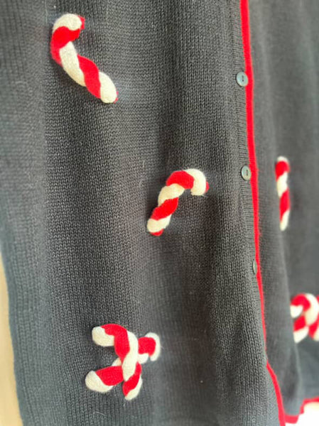 Vintage Black Christmas Sweater | Candy Cane Ugly Tacky Xmas Party Cardigan – L