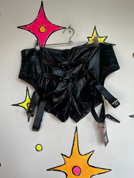 Y2K Vegan Leather Goth Shorts Punk Strappy Cyber Grunge Wasteland Clubwear XL