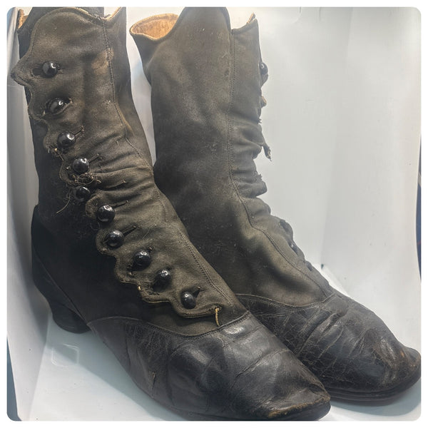 Antique Edwardian Black Leather Button Boots – Early 1900s Victorian | 5–5.5