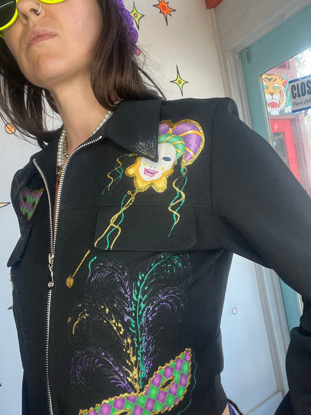 Vintage 80s90s Mardi Gras Cropped Blazer Wearable Art Avant Garde Party Jacket M