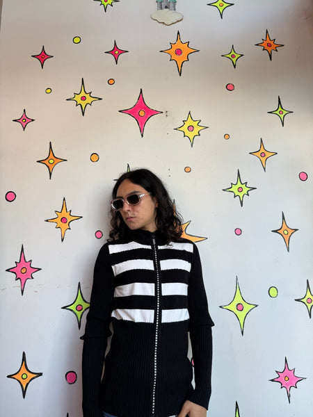 Y2K Beaded Zip Cardigan | Black White Rhinestone Striped Indie Sleaze Sweater S