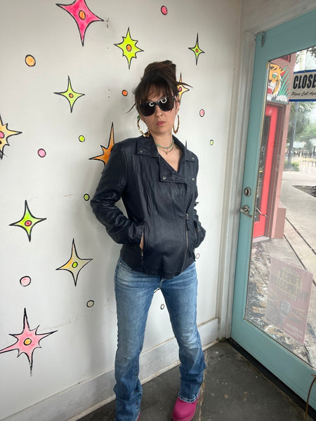 Vintage Y2K Navy Vegan Leather Moto Jacket Glam Grunge Rocker - M