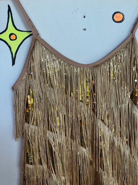 Vintage Gold Fringe Flapper Dress 20s Gatsby Party Mini 60s GoGo Disco Costume M