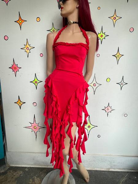 Cherry Red Frilly Asymmetrical Handkerchief Hem Dress Siren Glam Fairycore S