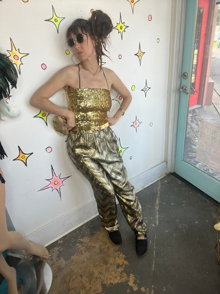 80s Gold Lamé Pants High Rise Disco Glam Studio 54 Retro Liquid Metallic M/L