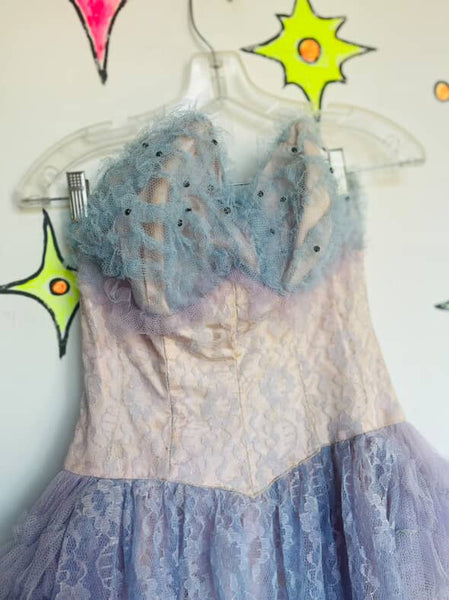 Vintage 50s 60s Lavender Lace Prom Party Cupcake Dress | Fit & Flare TuTu | XS