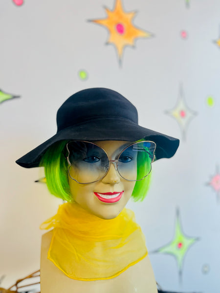 Vintage 50s Black Felt Goth Sun Hat | Wide Brim Witchy