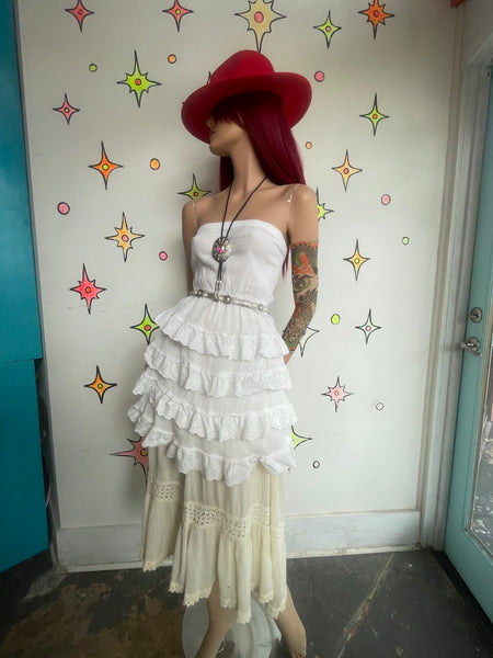 White Ruffle Babydoll Cotton Dress Western Whimsy Fairy Dollcore Coquette L