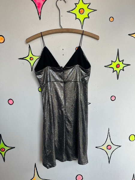 Y2K Silver Mini Slip Dress 70s Disco Metallic Future Disco Space Age Party S