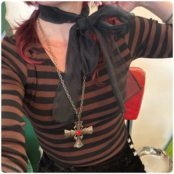 Romantic Gold and Red Goth Vampire Cross Necklace Witchy Gothic Jewelry