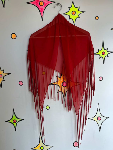 Vintage Red Sheer Fringe Shawl Wrap | Boho Grunge Witchy Goth Western