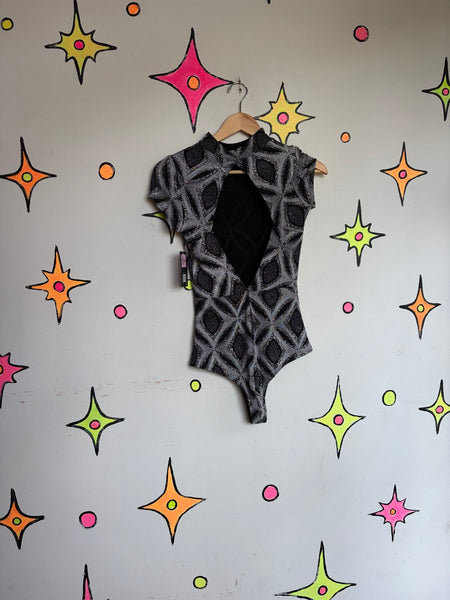 Black & Silver Glam Bodysuit Y2K McBling Party Clubwear Stretch Bodysuit S