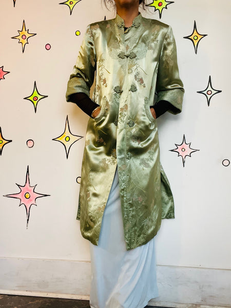 Jade Green Silk Robe Geisha Kimono | Vintage Lounge Boudoir Robe Size S - M