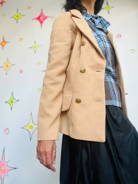Vintage 70s Tan Polyester Blazer - Dagger Collar Retro Jacket - Size 8