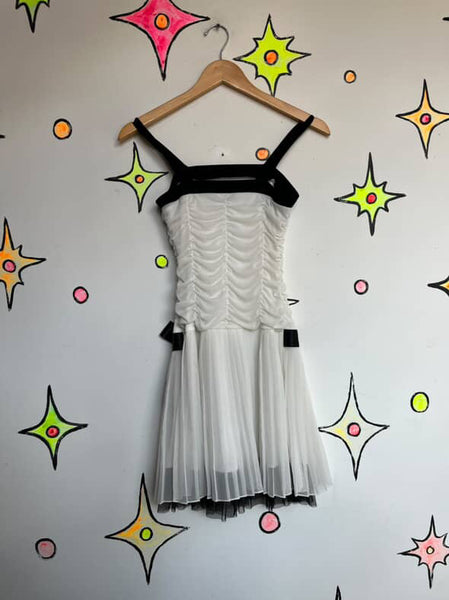Y2K Ruched White & Black Bow Coquette Babydoll Mini Dress Flapper Fairycore XS-S