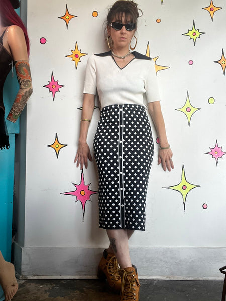 Retro 90s Black & White Polka Dot Dagger Collar Midi Dress 60s 70s Mod Knit M