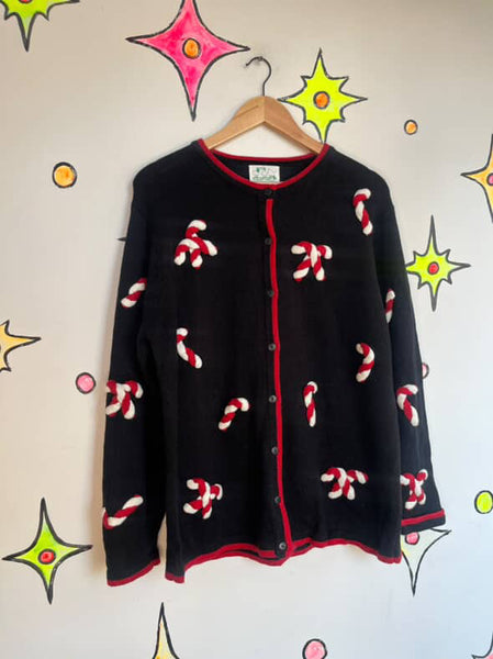 Vintage Black Christmas Sweater | Candy Cane Ugly Tacky Xmas Party Cardigan – L