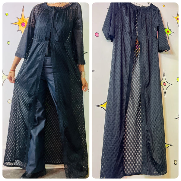 Vintage 70s Black Sheer Lace Night Robe – Scalloped Boho Grunge Whimsy Goth M