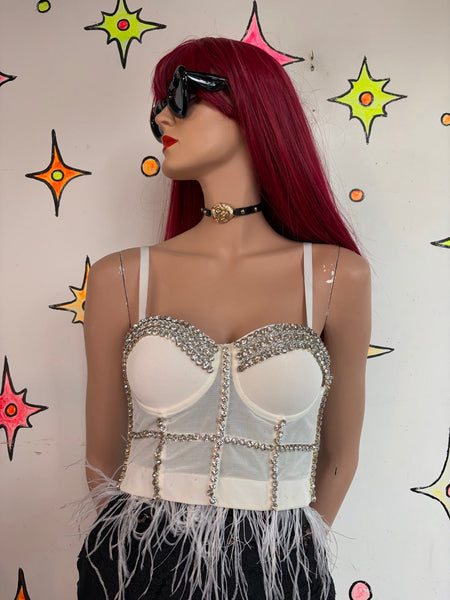 White Rhinestone Mesh Bustier Crop Top Ostrich Feather Trim Glam Baddie S