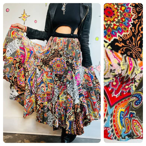 90s Y2K Rainbow Cotton Paisley Patchwork Fairy Boho Grunge Tiered Maxi Skirt | M
