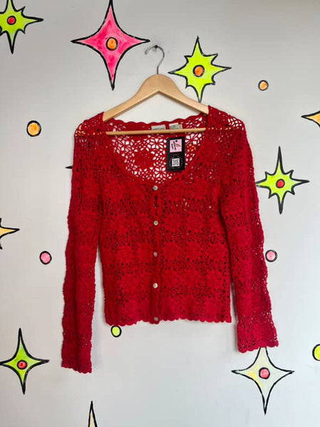 Vintage 90s Y2K Gold Crochet Fairy Grunge Boho Duster Robe Sweater – 14/16