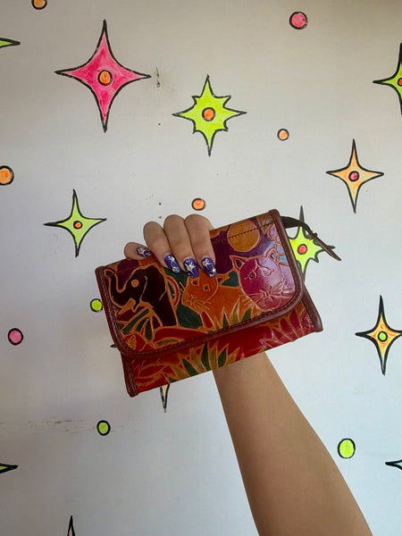 90s Hand-Tooled Rainbow Cat Print Patent Leather Clutch Folk Art Cottagecore