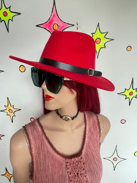 Cherry Red Felt Western Boho Hat Wide Brim Grunge Festival Fedora