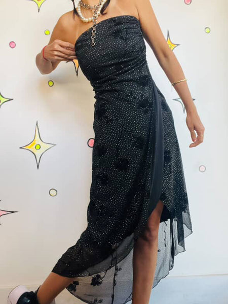 90s Y2K Black Glitter Strapless Fairy Goth Dress - Asymetric Hem Slip - Small