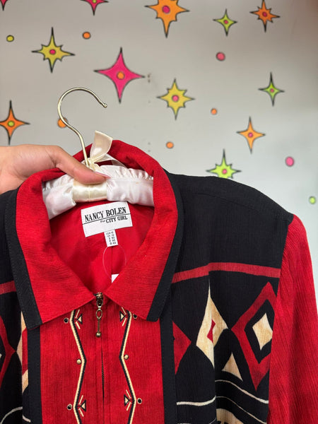 Red Western Blazer 80s Cowboycore Folk Art Jacket Office Siren Glam Statement L