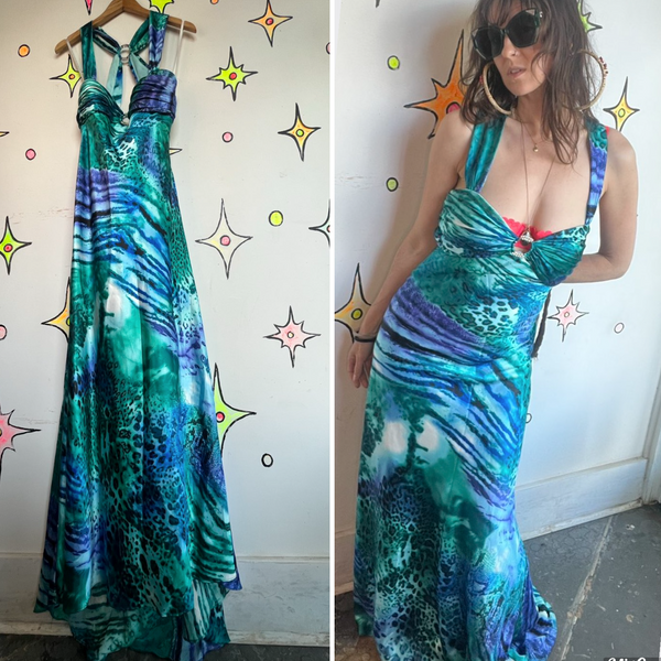 Y2K Betsy and Adam Teal Animal Print Formal Gown Prom Dress Size M/10