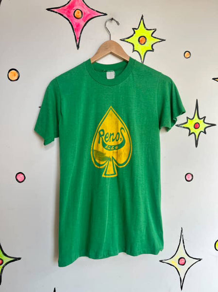 Vintage 70s 80s Reno's ACES Green Team Tee - Single Stitch - Small - Retro