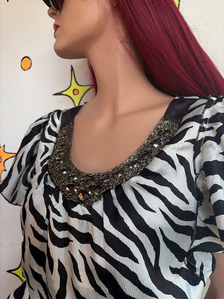 Y2K Zebra Print Bubble Hem Top McBling Glam Animal Print Party Blouse M