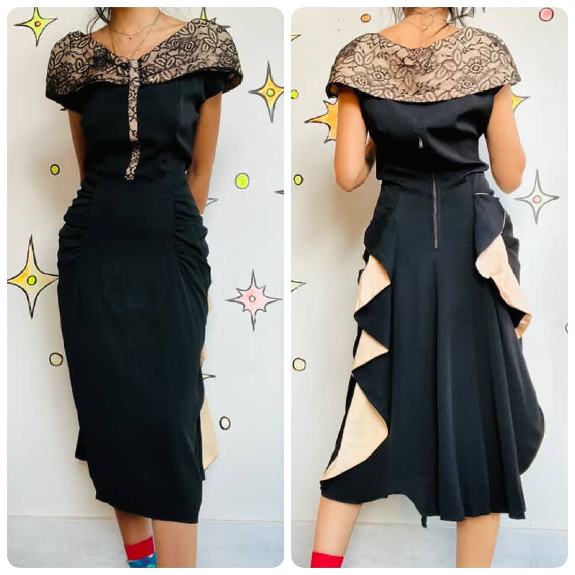 1950s Black Mermaid Wiggle Cocktail Dress | Cascade Ruffles | Old Hollywood | ML