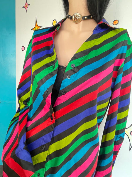 Rainbow Striped Button Up Shirt – Rainbowcore Fairy Grunge Boho Pride Top L/XL