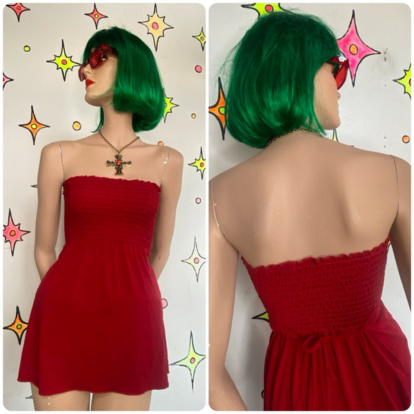 90s Red Ruched Babydoll Tube Top Trixxi Y2K Flowy Strapless Blouse S