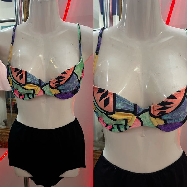 Vintage 80s 90s | Rainbow Neon Geometric Abstract Swimsuit Bikini Top | Medium