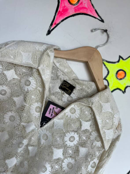 Vintage 70s White Sheer Lace Romantic Grunge Boho Dagger Collar Blouse | M