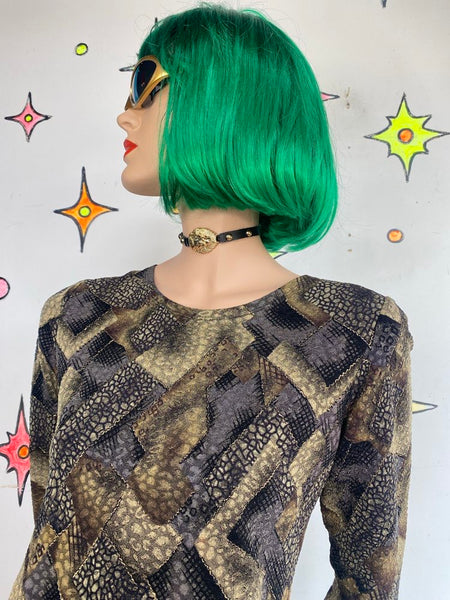 90s Abstract Patchwork Animal Print Top Elementz 3/4 Sleeve Grunge M
