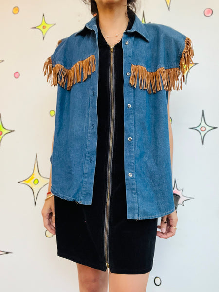 Vintage 80s–90s Denim Western Beaded Fringe Vest | Sleeveless Jean Vest | L