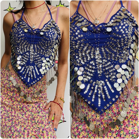 Boho Gypsy Fairy Grunge Beaded Silver Coins Butterfly Halter Top | One Size