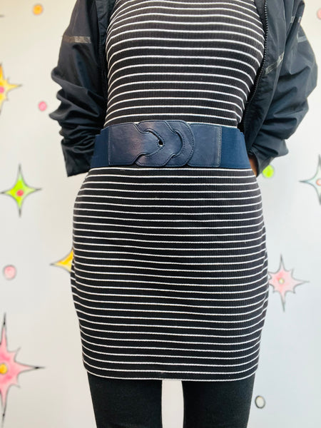 Vintage 80s Navy Blue Elastic Cinch Belt Wide New Wave Statement Belt S/M