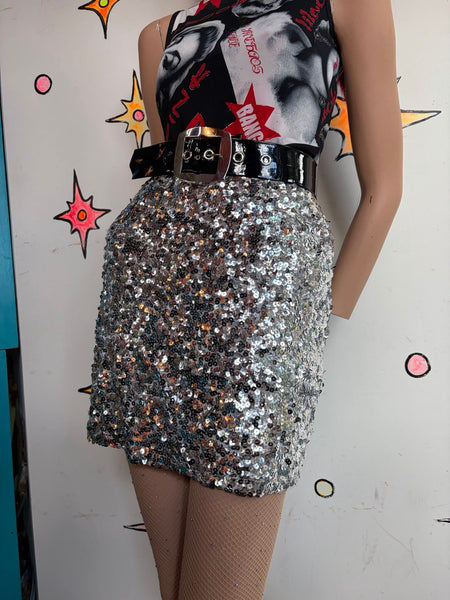 Metallic Silver Beaded Sequin Pencil Skirt Party Chainmail Galactic Glam M