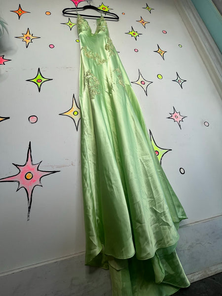 Y2K Pastel Green Satin Beaded Formal Gown Niki Livas Fairycore Prom S