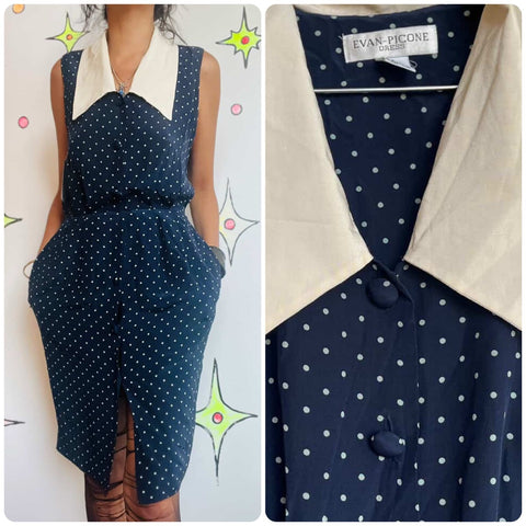 Vintage Evan-Picone Navy Polka Dot Silk Secretary Dress w/ Collar | Size 6