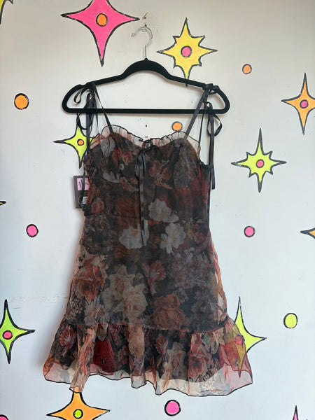 Sheer Black Floral Babydoll Dress | Romantic Goth Fairy Grunge Slip Mini M