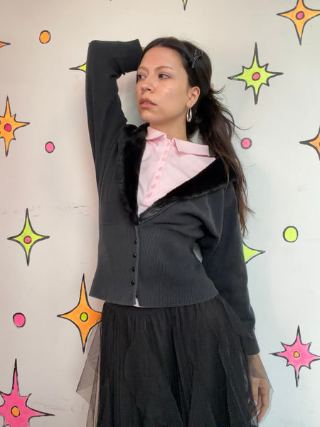 90s Black Faux Fur Trim Cardigan Goth Grunge Glam Cropped Sweater - Large